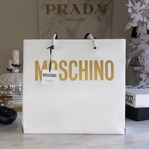 Moschino White Leather Shopper Tote with Laminated Logo in Gold